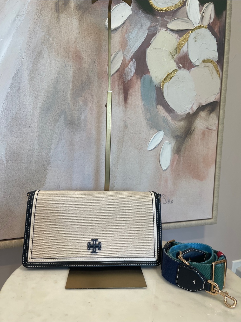 Tory Burch Emerson Canvas Crossbody with Multicolor Guitar Strap